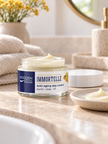 Wooden Spoon Immortelle, lekki krem przeciwzmarszczkowy do twarzy, opakowanie 50 ml.