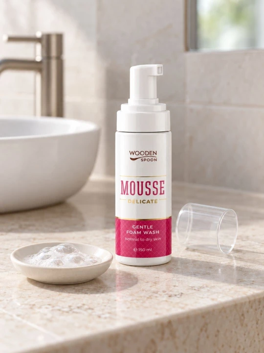 Wooden Spoon Cleansing Mousse Delicate – delikatna pianka do mycia twarzy z wodą różaną. Opakowanie z pompką 150 ml