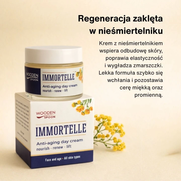 Wooden Spoon Immortelle, lekki krem przeciwzmarszczkowy do twarzy, opakowanie 50 ml.