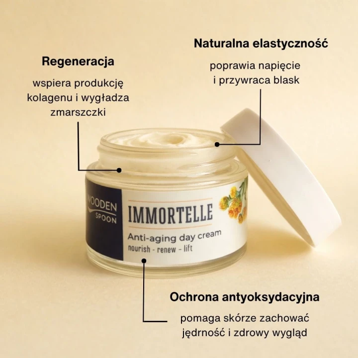 Wooden Spoon Immortelle, lekki krem przeciwzmarszczkowy do twarzy, opakowanie 50 ml.